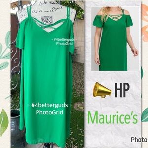 NEW Maurices Cold Shoulder Criss Cross Strap Neckline Shift Emerald MIDI Dress S